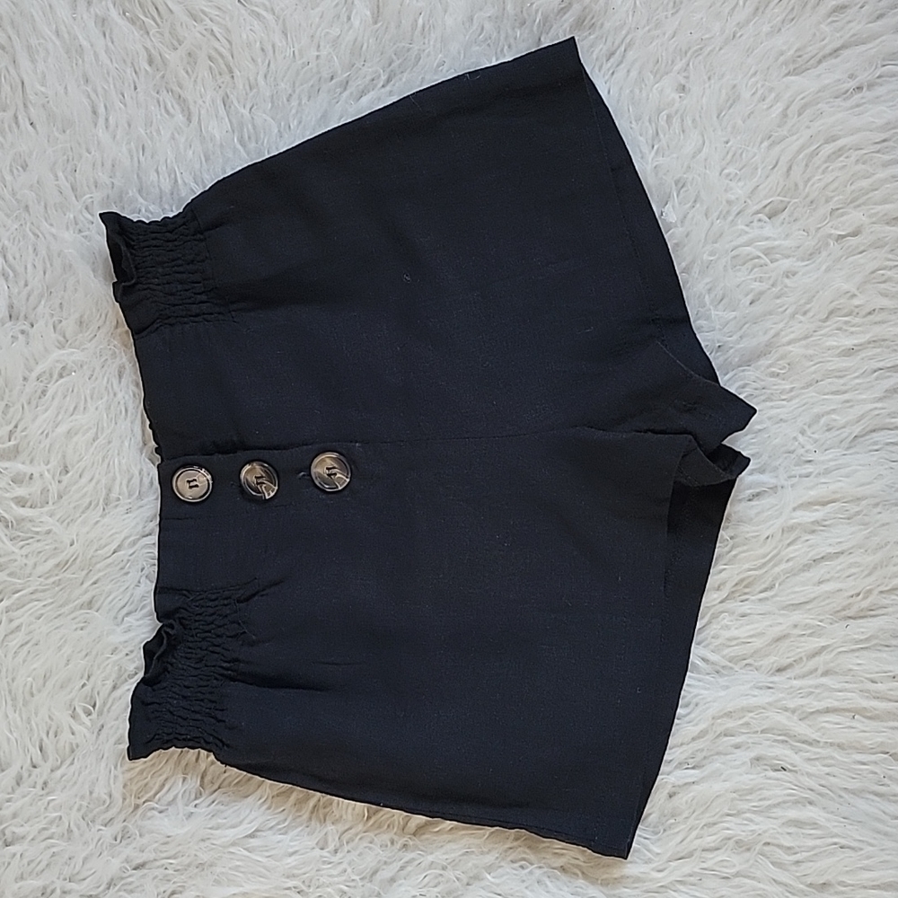 New!  Big Water Blue Sky Button Front Linen Paperbag Shorts Black